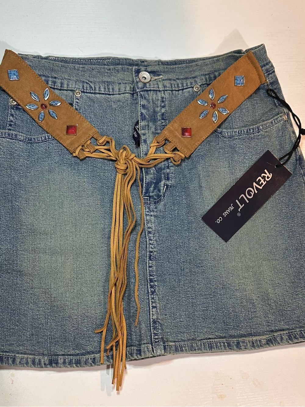 Revolt Jeans Light Blue Denim Mini Skirt with Tan Suede Gem Belt